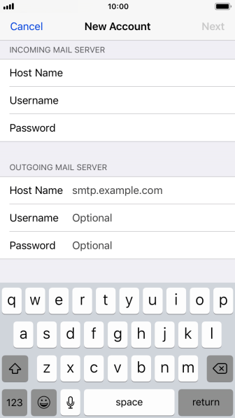 Press Host Name and key in the name of your email provider's outgoing server. Press Host Name and key in the name of your email provider's outgoing server.