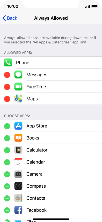 Press the add icon next to the required app to add it to the list of allowed apps during Downtime. Press the add icon next to the required app to add it to the list of allowed apps during Downtime.