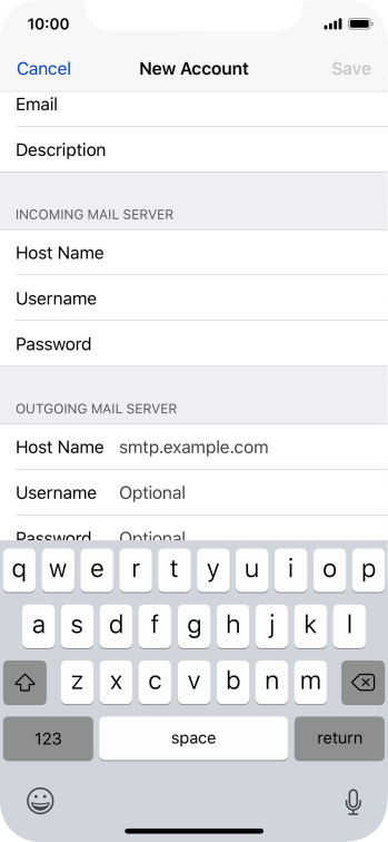 Press Host Name and key in the name of your email provider's outgoing server. Press Host Name and key in the name of your email provider's outgoing server.