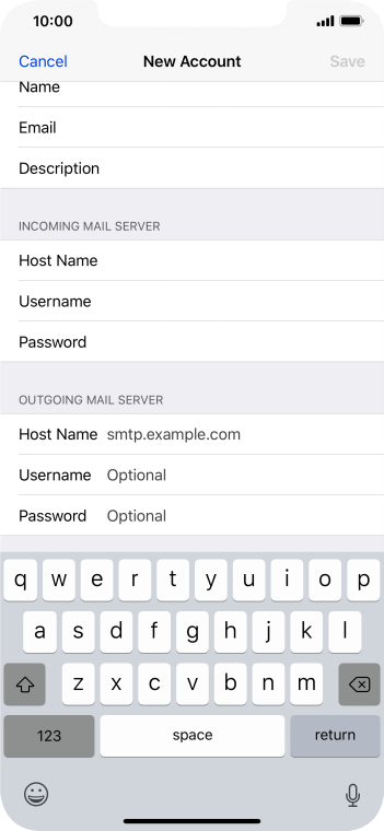 Press Host Name and key in the name of your email provider's outgoing server. Press Host Name and key in the name of your email provider's outgoing server.