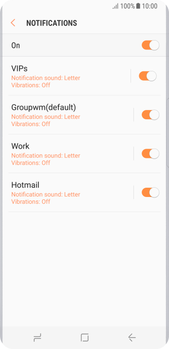 Press the indicator next to the required email account to turn the function on or off. Press the indicator next to the required email account to turn the function on or off.
