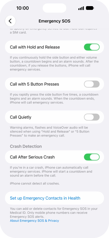Press Set up Emergency Contacts in Health and follow the instructions on the screen to key in your emergency info and emergency contacts. Press Set up Emergency Contacts in Health and follow the instructions on the screen to key in your emergency info and emergency contacts.