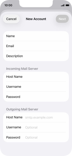 Press Host Name and key in the name of your email provider's outgoing server. Press Host Name and key in the name of your email provider's outgoing server.