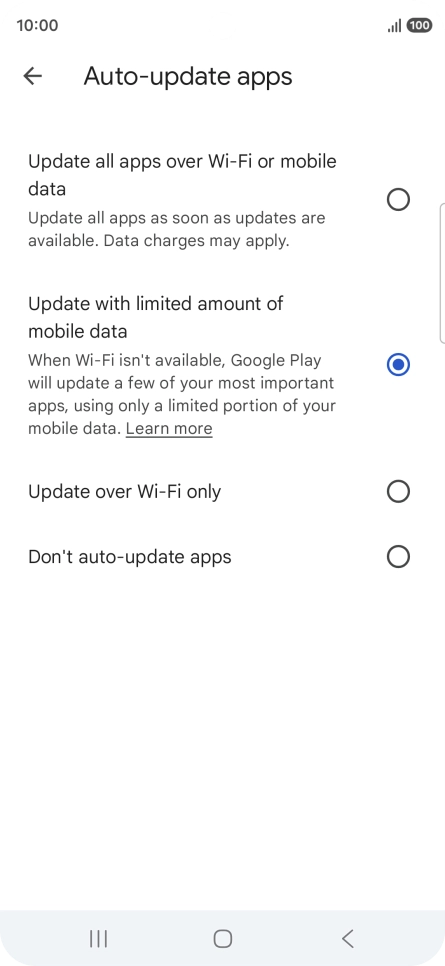 To turn on automatic update of apps using mobile network, press Update all apps over Wi-Fi or mobile data. To turn on automatic update of apps using mobile network, press Update all apps over Wi-Fi or mobile data.