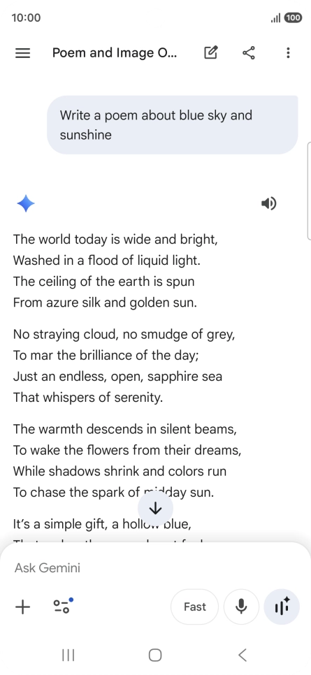 You can ask Gemini to generate a text based on your description. You can ask Gemini to generate a text based on your description.