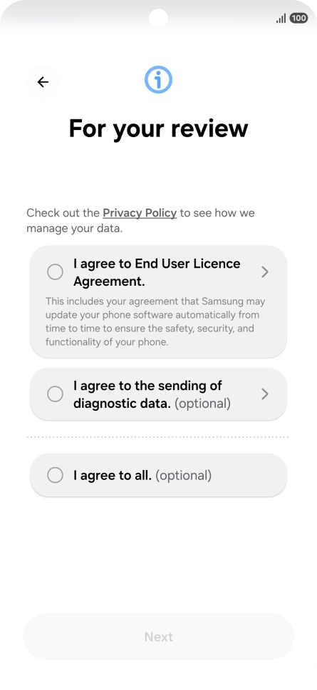 Press the fields next to the required settings to select them. Press the fields next to the required settings to select them.