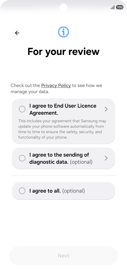 Press the fields next to the required settings to select them. Press the fields next to the required settings to select them.
