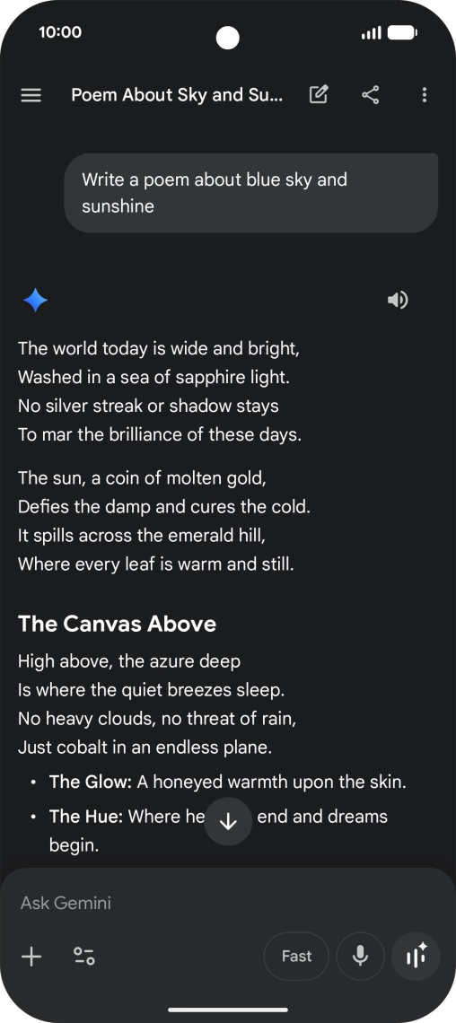 You can ask Gemini to generate a text based on your description. You can ask Gemini to generate a text based on your description.