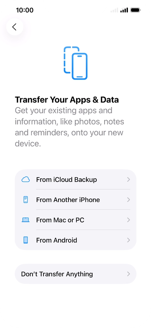 You can transfer content from an Android phone when your phone is activated for the first time and after a factory reset. When this screen is displayed, your phone is ready to transfer content from an Android phone. You can transfer content from an Android phone when your phone is activated for the first time and after a factory reset. When this screen is displayed, your phone is ready to transfer content from an Android phone.