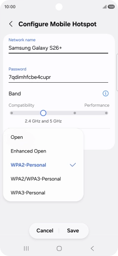 Press WPA3-Personal to password protect your Wi-Fi hotspot. Press WPA3-Personal to password protect your Wi-Fi hotspot.
