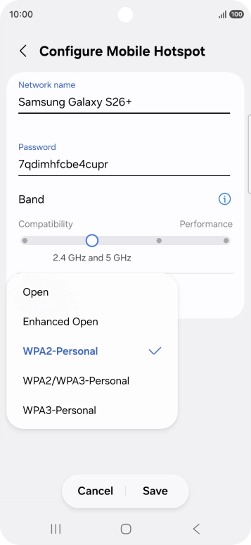 Press WPA3-Personal to password protect your Wi-Fi hotspot. Press WPA3-Personal to password protect your Wi-Fi hotspot.