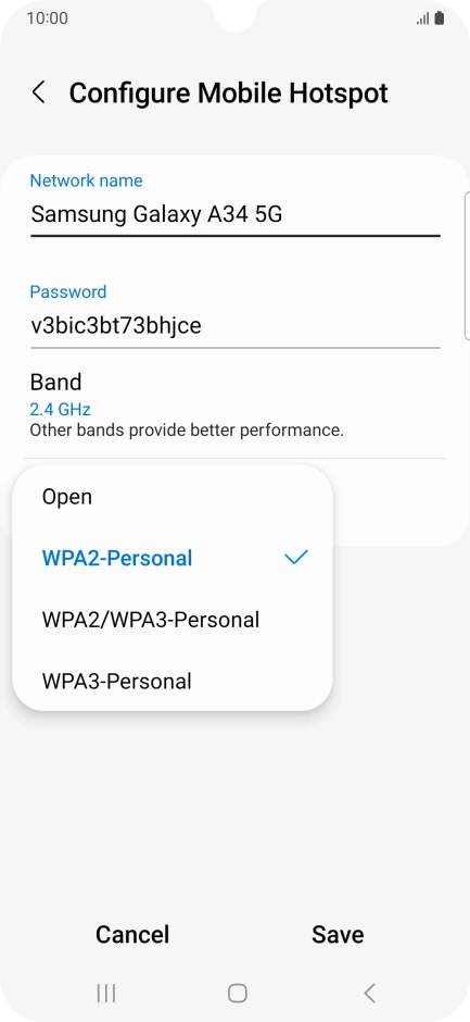 Press WPA3-Personal to password protect your Wi-Fi hotspot. Press WPA3-Personal to password protect your Wi-Fi hotspot.