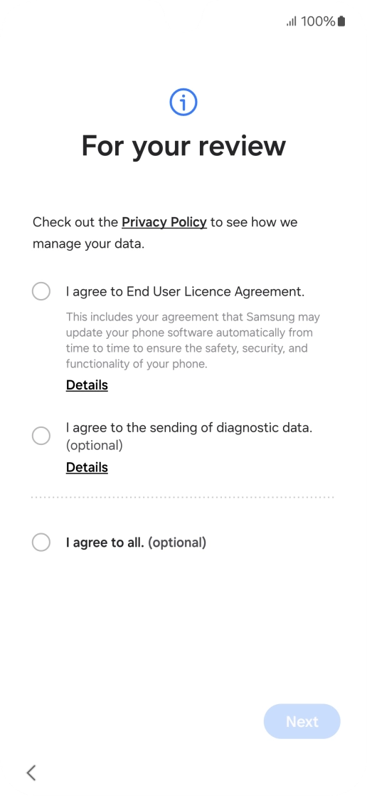 Press the fields next to the required settings to select them. Press the fields next to the required settings to select them.