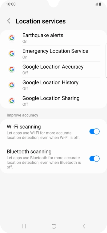 Press Google Location Accuracy. Press Google Location Accuracy.