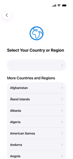 Press the required country or area. Press the required country or area.