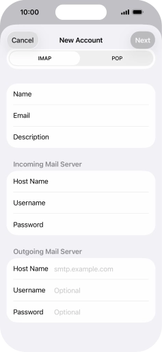 Press Host Name and key in the name of your email provider's outgoing server. Press Host Name and key in the name of your email provider's outgoing server.