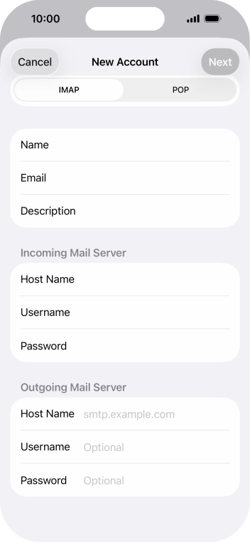 Press Host Name and key in the name of your email provider's outgoing server. Press Host Name and key in the name of your email provider's outgoing server.