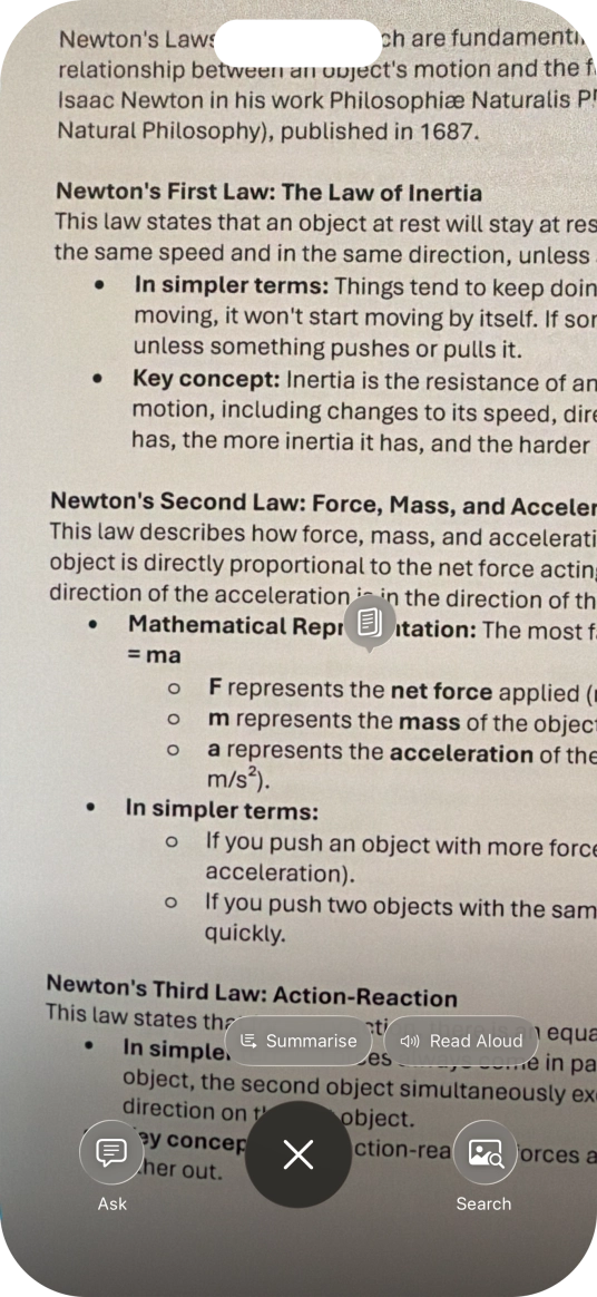 To use visual intelligence on a text, take a picture of the text, press the required setting and follow the instructions on the screen to use the function. To use visual intelligence on a text, take a picture of the text, press the required setting and follow the instructions on the screen to use the function.