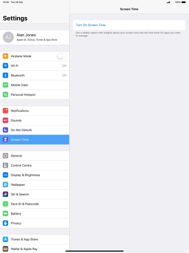Press Turn On Screen Time. Press Turn On Screen Time.