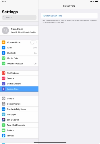 Press Turn On Screen Time. Press Turn On Screen Time.
