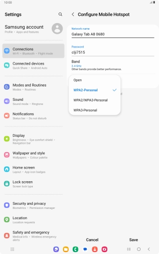 Press WPA3-Personal to password protect your Wi-Fi hotspot. Press WPA3-Personal to password protect your Wi-Fi hotspot.