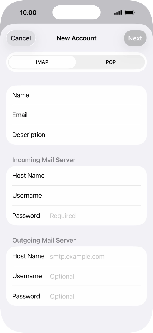 Press Host Name and key in the name of your email provider's outgoing server. Press Host Name and key in the name of your email provider's outgoing server.