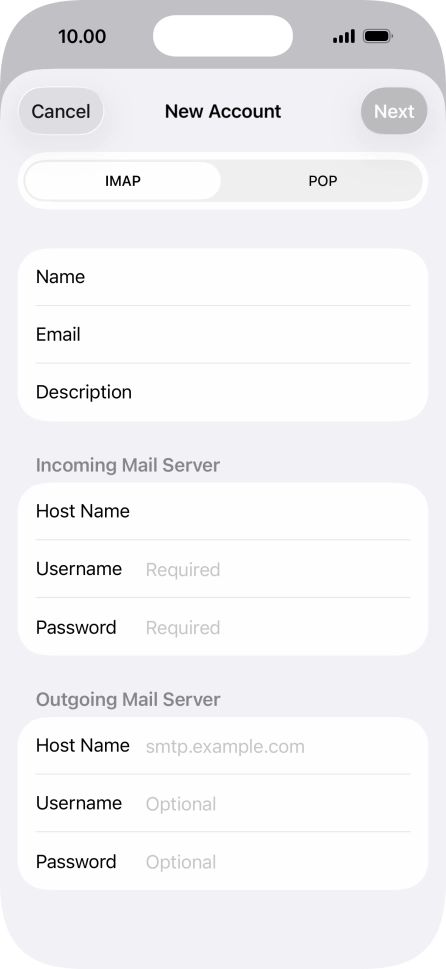 Press Username and key in the username for your email account. Press Username and key in the username for your email account.