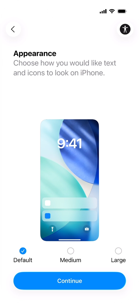 Select the required text and icon size on your phone and press Continue. Select the required text and icon size on your phone and press Continue.