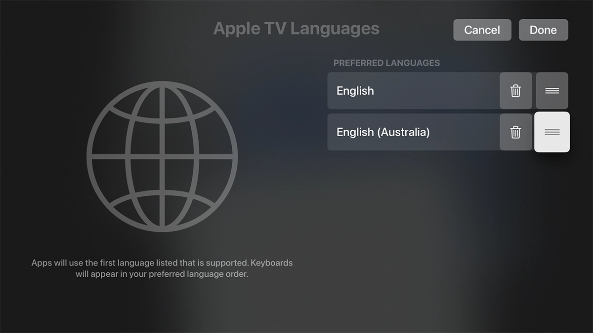 Highlight the move icon next to the required language. Highlight the move icon next to the required language.