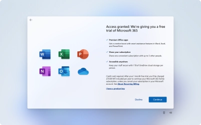 Follow the instructions on the screen to subscribe to Microsoft Office or click Decline to finish setting up your laptop. Follow the instructions on the screen to subscribe to Microsoft Office or click Decline to finish setting up your laptop.