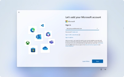 Key in the username for your Microsoft account and click Next. Key in the username for your Microsoft account and click Next.