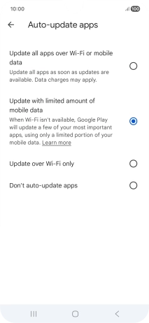 To turn on automatic update of apps using mobile network, press Update all apps over Wi-Fi or mobile data. To turn on automatic update of apps using mobile network, press Update all apps over Wi-Fi or mobile data.