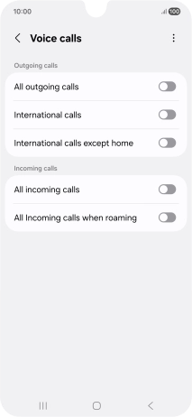 Press the indicator next to the required barring type to turn the function on or off. Press the indicator next to the required barring type to turn the function on or off.