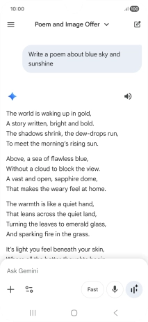 You can ask Gemini to generate a text based on your description. You can ask Gemini to generate a text based on your description.