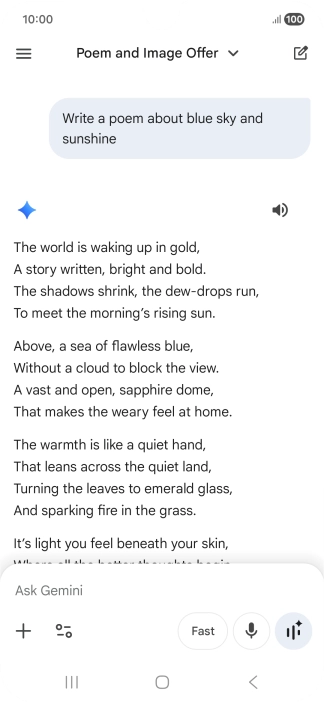 You can ask Gemini to generate a text based on your description. You can ask Gemini to generate a text based on your description.
