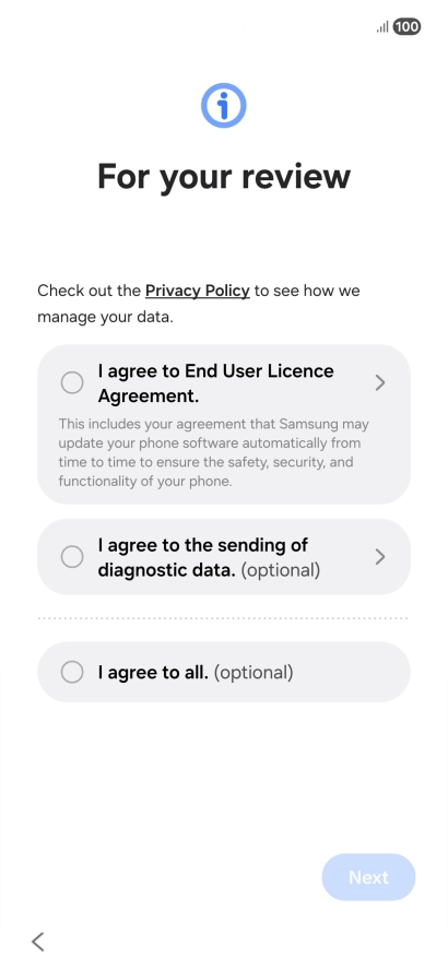 Press the fields next to the required settings to select them. Press the fields next to the required settings to select them.