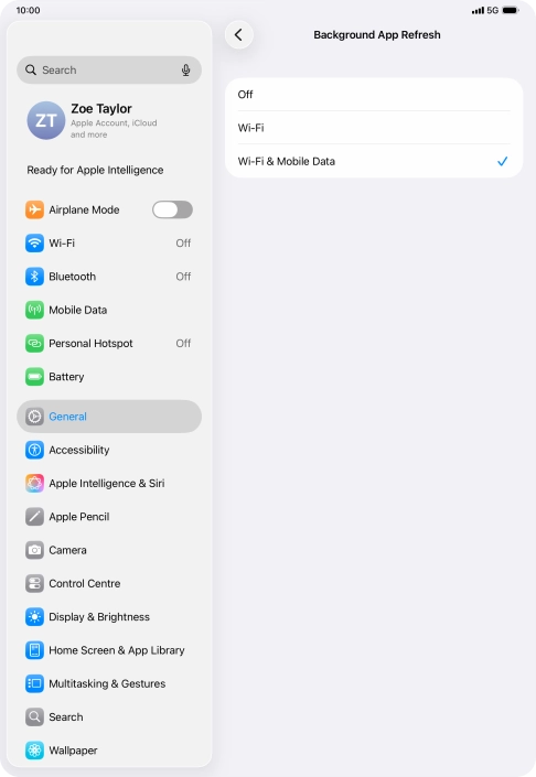 To turn off background refresh of apps, press Off. To turn off background refresh of apps, press Off.