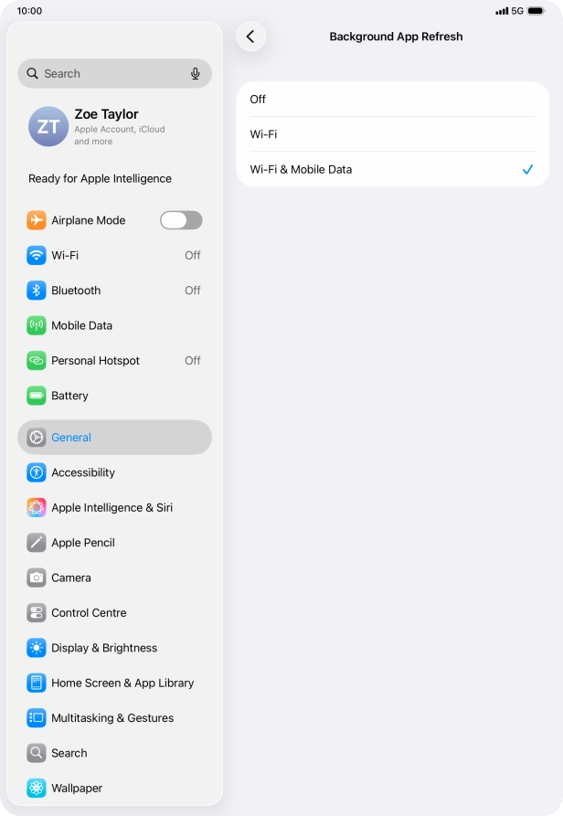 To turn off background refresh of apps, press Off. To turn off background refresh of apps, press Off.