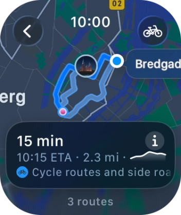 Turn the Digital Crown to see the suggested routes. Turn the Digital Crown to see the suggested routes.