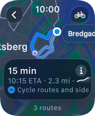 Turn the Digital Crown to see the suggested routes. Turn the Digital Crown to see the suggested routes.
