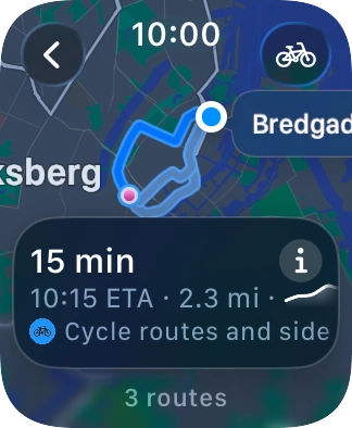 Turn the Digital Crown to see the suggested routes. Turn the Digital Crown to see the suggested routes.