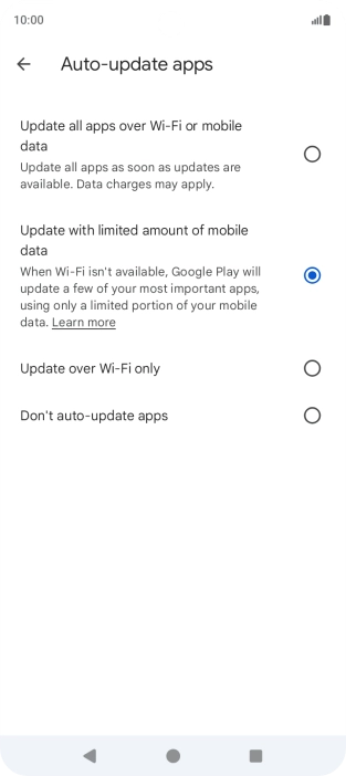 To turn on automatic update of apps using mobile network, press Update all apps over Wi-Fi or mobile data. To turn on automatic update of apps using mobile network, press Update all apps over Wi-Fi or mobile data.