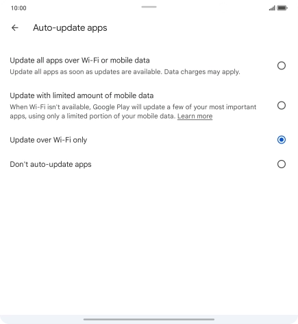 To turn on automatic update of apps using mobile network, press Update all apps over Wi-Fi or mobile data. To turn on automatic update of apps using mobile network, press Update all apps over Wi-Fi or mobile data.