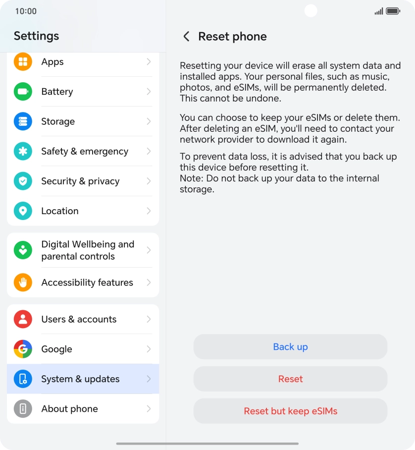Press Reset. Wait a moment while the factory default settings are restored. Follow the instructions on the screen to set up your phone and prepare it for use. Press Reset. Wait a moment while the factory default settings are restored. Follow the instructions on the screen to set up your phone and prepare it for use.