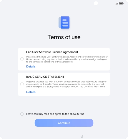 Press the field to accept the licence agreement. Press the field to accept the licence agreement.