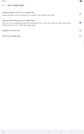 To turn on automatic update of apps using mobile network, press Update all apps over Wi-Fi or mobile data. To turn on automatic update of apps using mobile network, press Update all apps over Wi-Fi or mobile data.