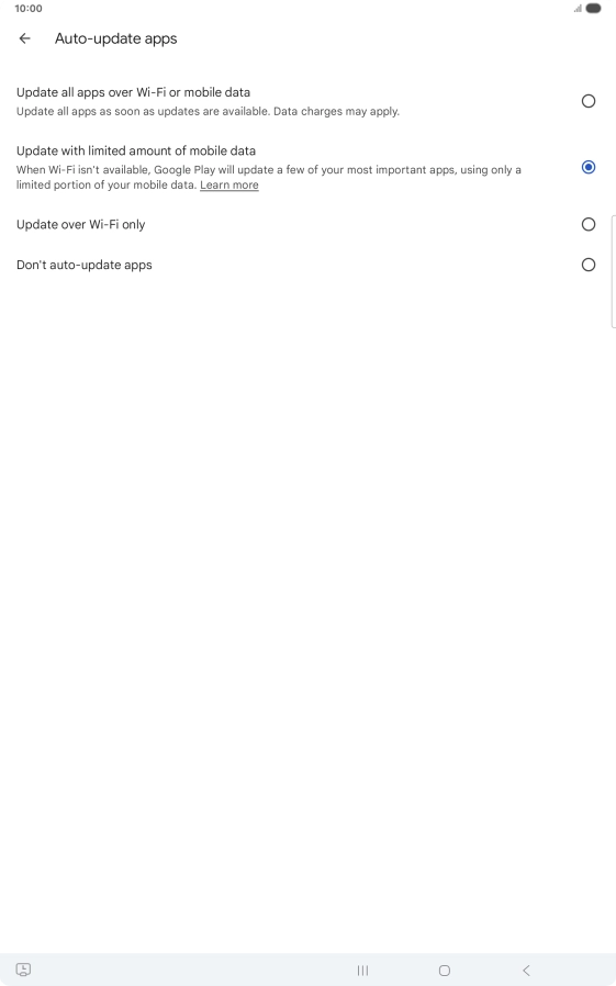 To turn on automatic update of apps using mobile network, press Update all apps over Wi-Fi or mobile data. To turn on automatic update of apps using mobile network, press Update all apps over Wi-Fi or mobile data.