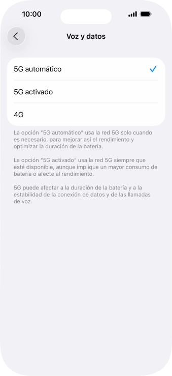 Si deseas activar el cambio automático entre una red 5G y 4G, pulsa 5G automático. Si deseas activar el cambio automático entre una red 5G y 4G, pulsa 5G automático.