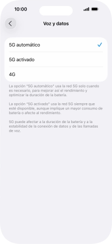 Si deseas activar el cambio automático entre una red 5G y 4G, pulsa 5G automático. Si deseas activar el cambio automático entre una red 5G y 4G, pulsa 5G automático.