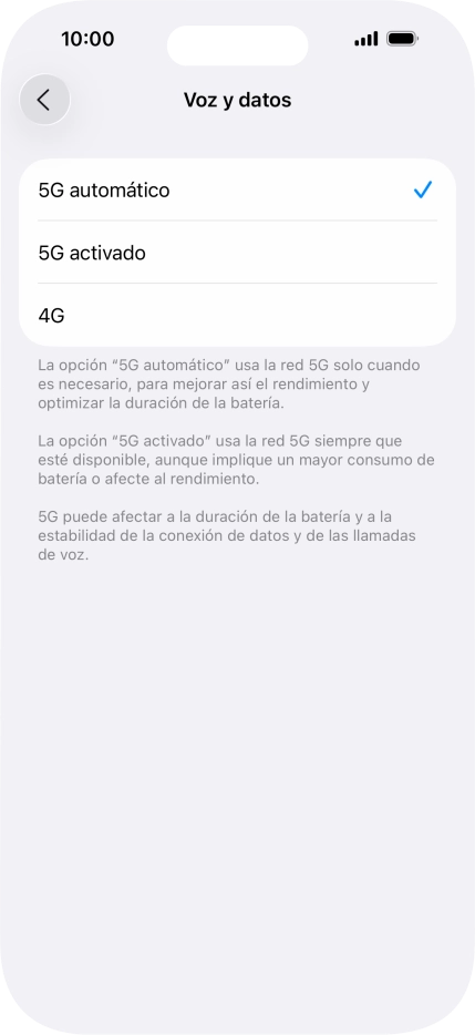Si deseas activar el cambio automático entre una red 5G y 4G, pulsa 5G automático. Si deseas activar el cambio automático entre una red 5G y 4G, pulsa 5G automático.